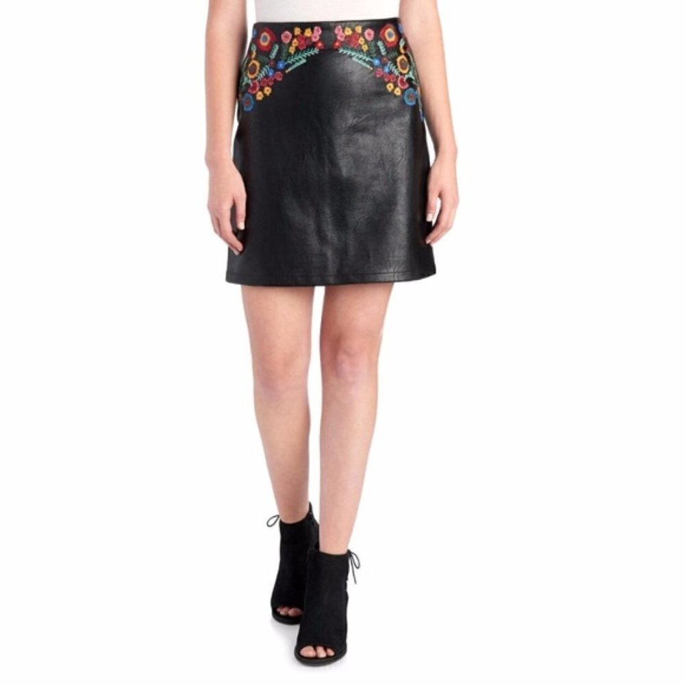 For The Republic Embroidered Faux Leather Skirt 6